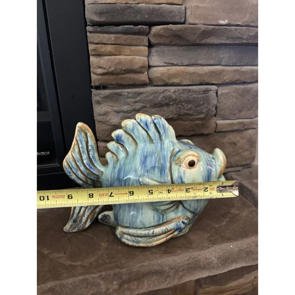 Vintage Ceramic Glazed Pottery Blue Fish Decor
